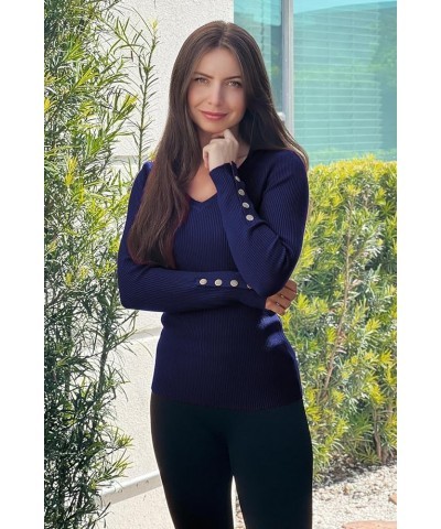 Womens Sweaters Fall 2023 V Neck Pullover Sweaters Long Sleeve Stretch Button Casual Ribbed Knit Tops Shirts Navy Blue $18.69...