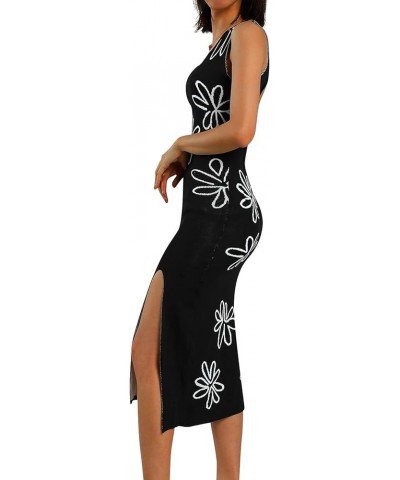 Women Backless Hollow Out Long Dress Spaghetti Strap Bandage Bodycon Maxi Dress Sleeveless Knitted Split Midi Dress Flower Ba...