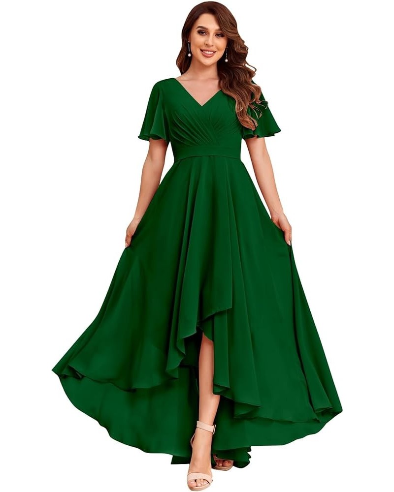 Chiffon V Neck Bridesmaid Dresses with Sleeves for Wedding High Low Formal Evening Gown with Pockets Emerald Green $32.20 Dre...