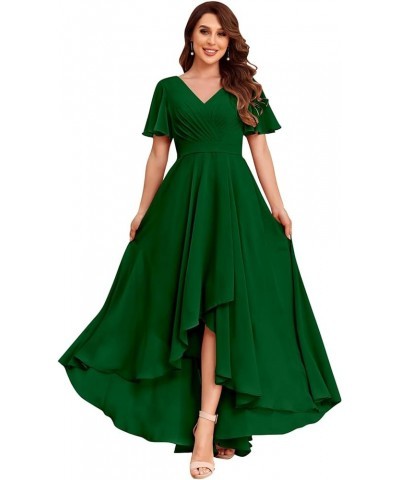 Chiffon V Neck Bridesmaid Dresses with Sleeves for Wedding High Low Formal Evening Gown with Pockets Emerald Green $32.20 Dre...