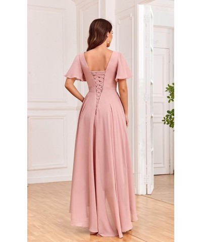 Chiffon V Neck Bridesmaid Dresses with Sleeves for Wedding High Low Formal Evening Gown with Pockets Emerald Green $32.20 Dre...