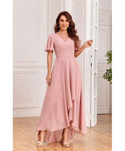 Chiffon V Neck Bridesmaid Dresses with Sleeves for Wedding High Low Formal Evening Gown with Pockets Emerald Green $32.20 Dre...