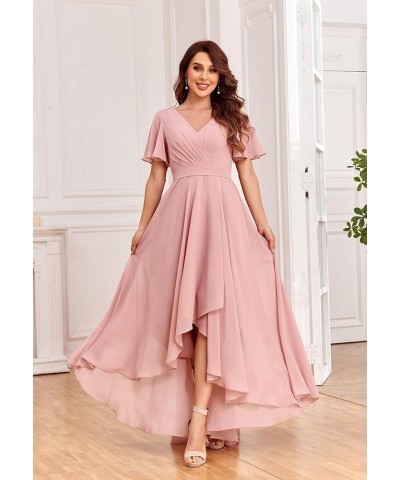 Chiffon V Neck Bridesmaid Dresses with Sleeves for Wedding High Low Formal Evening Gown with Pockets Emerald Green $32.20 Dre...