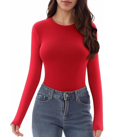 Womens Short Sleeve Crewneck Thong Slimming Tshirt Bodysuits High Stretch Collection Long Sleeve Red $8.54 Bodysuits