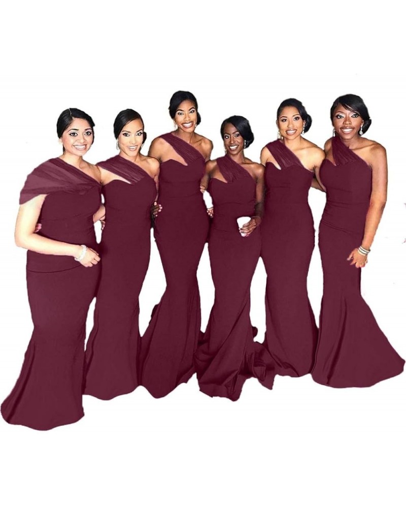 African Mermaid Bridesmaid Dresses Long One Shoulder Satin Bridesmaid Dresses for Wedding Burgundy $39.79 Dresses