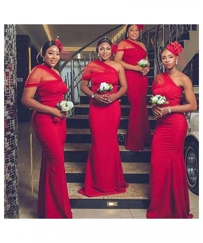 African Mermaid Bridesmaid Dresses Long One Shoulder Satin Bridesmaid Dresses for Wedding Burgundy $39.79 Dresses