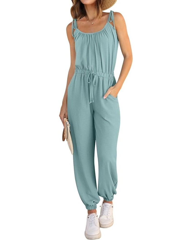 Women Summer Casual Jumpsuit Sleeveless Drawstring Elastic Waist Stretchy Long Pants Romper with Pockets Blue Green $20.00 Ju...