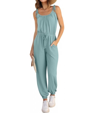 Women Summer Casual Jumpsuit Sleeveless Drawstring Elastic Waist Stretchy Long Pants Romper with Pockets Blue Green $20.00 Ju...