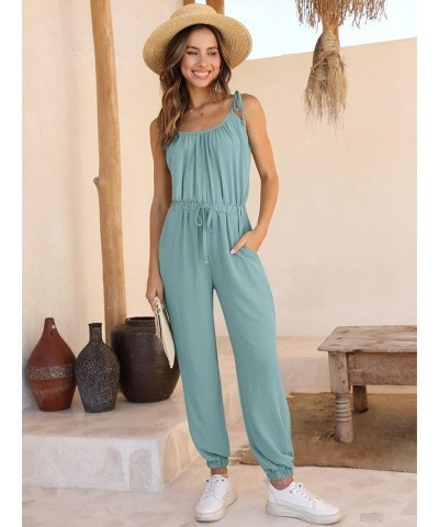 Women Summer Casual Jumpsuit Sleeveless Drawstring Elastic Waist Stretchy Long Pants Romper with Pockets Blue Green $20.00 Ju...