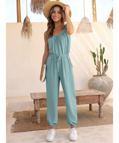 Women Summer Casual Jumpsuit Sleeveless Drawstring Elastic Waist Stretchy Long Pants Romper with Pockets Blue Green $20.00 Ju...