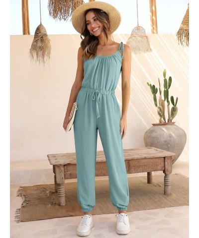 Women Summer Casual Jumpsuit Sleeveless Drawstring Elastic Waist Stretchy Long Pants Romper with Pockets Blue Green $20.00 Ju...