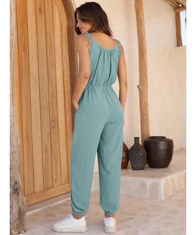 Women Summer Casual Jumpsuit Sleeveless Drawstring Elastic Waist Stretchy Long Pants Romper with Pockets Blue Green $20.00 Ju...