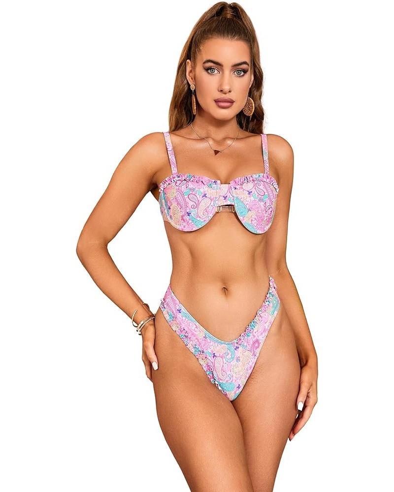 Women's 2 Piece Set Floral Print Strappy Backless Triangle Cheeky Bottom Bikini Swimsuit Multicolor Pink $8.84 Swimsuits