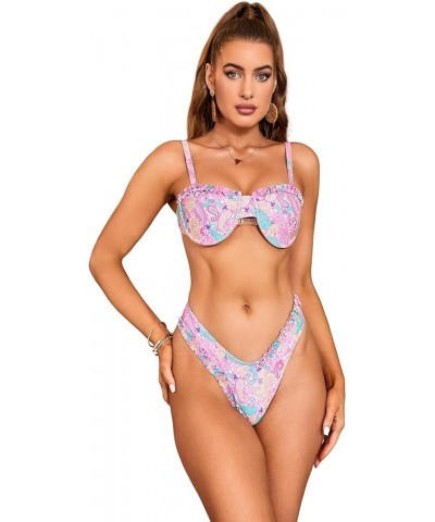 Women's 2 Piece Set Floral Print Strappy Backless Triangle Cheeky Bottom Bikini Swimsuit Multicolor Pink $8.84 Swimsuits