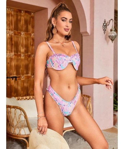 Women's 2 Piece Set Floral Print Strappy Backless Triangle Cheeky Bottom Bikini Swimsuit Multicolor Pink $8.84 Swimsuits