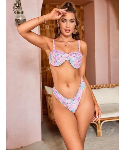 Women's 2 Piece Set Floral Print Strappy Backless Triangle Cheeky Bottom Bikini Swimsuit Multicolor Pink $8.84 Swimsuits