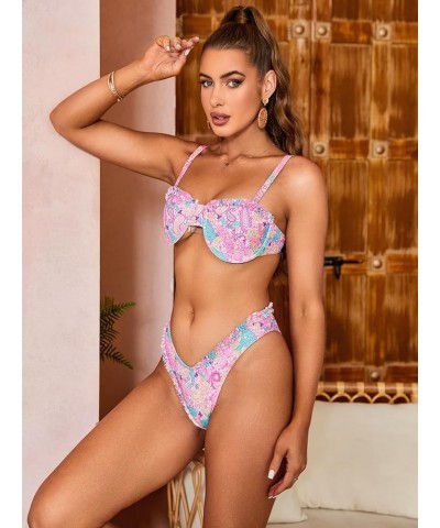 Women's 2 Piece Set Floral Print Strappy Backless Triangle Cheeky Bottom Bikini Swimsuit Multicolor Pink $8.84 Swimsuits