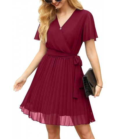 Womens Spring & Summer Wrap V-Neck Short Sleeve Casual Pleated Mini Dresses for Wedding Guest 05 Wine Red $9.22 Dresses