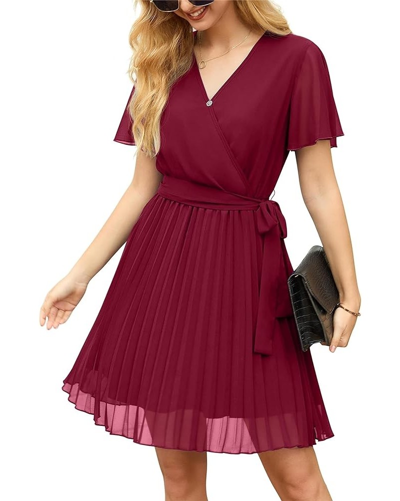 Womens Spring & Summer Wrap V-Neck Short Sleeve Casual Pleated Mini Dresses for Wedding Guest 05 Wine Red $9.22 Dresses