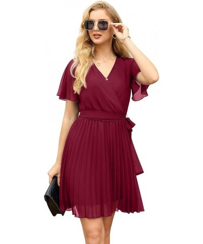 Womens Spring & Summer Wrap V-Neck Short Sleeve Casual Pleated Mini Dresses for Wedding Guest 05 Wine Red $9.22 Dresses