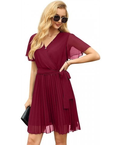 Womens Spring & Summer Wrap V-Neck Short Sleeve Casual Pleated Mini Dresses for Wedding Guest 05 Wine Red $9.22 Dresses