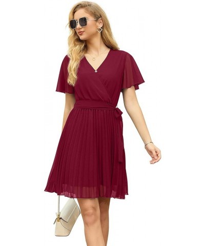 Womens Spring & Summer Wrap V-Neck Short Sleeve Casual Pleated Mini Dresses for Wedding Guest 05 Wine Red $9.22 Dresses