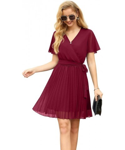 Womens Spring & Summer Wrap V-Neck Short Sleeve Casual Pleated Mini Dresses for Wedding Guest 05 Wine Red $9.22 Dresses