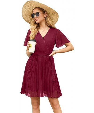 Womens Spring & Summer Wrap V-Neck Short Sleeve Casual Pleated Mini Dresses for Wedding Guest 05 Wine Red $9.22 Dresses