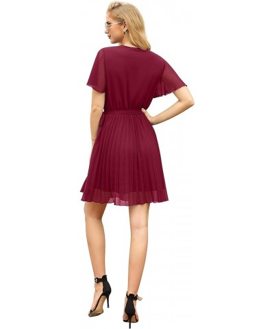 Womens Spring & Summer Wrap V-Neck Short Sleeve Casual Pleated Mini Dresses for Wedding Guest 05 Wine Red $9.22 Dresses