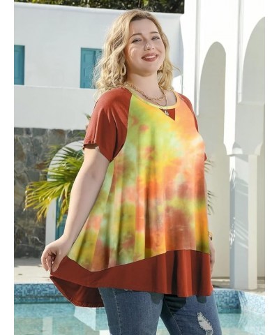 Plus Size Tops for Womens Summer Short Sleeve Tunic Shirts Crew Neck Leopard Color Block Tee T02-orange/Darkorange $14.24 Tops