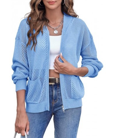 Womens Zip Up Crochet Short Cardigan Sweater Lightweight Lantern Long Sleeve Fishnet Fashion Jacket with Pockets Sky Blue $12...