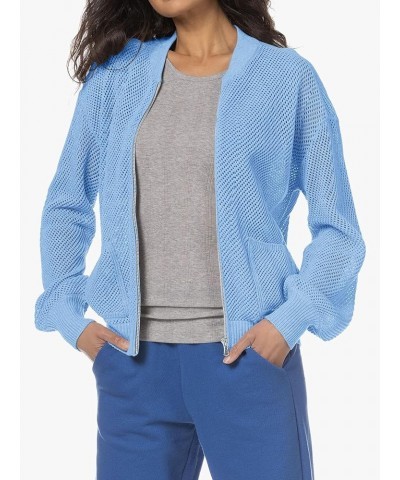 Womens Zip Up Crochet Short Cardigan Sweater Lightweight Lantern Long Sleeve Fishnet Fashion Jacket with Pockets Sky Blue $12...