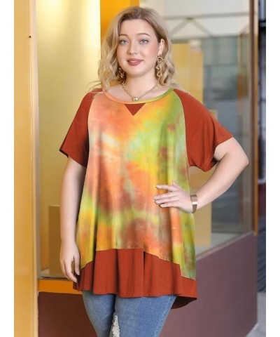 Plus Size Tops for Womens Summer Short Sleeve Tunic Shirts Crew Neck Leopard Color Block Tee T02-orange/Darkorange $14.24 Tops