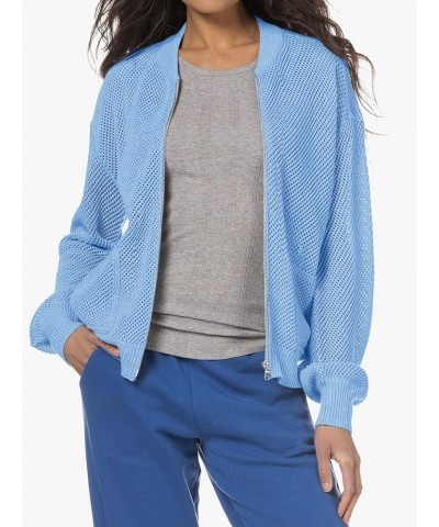 Womens Zip Up Crochet Short Cardigan Sweater Lightweight Lantern Long Sleeve Fishnet Fashion Jacket with Pockets Sky Blue $12...