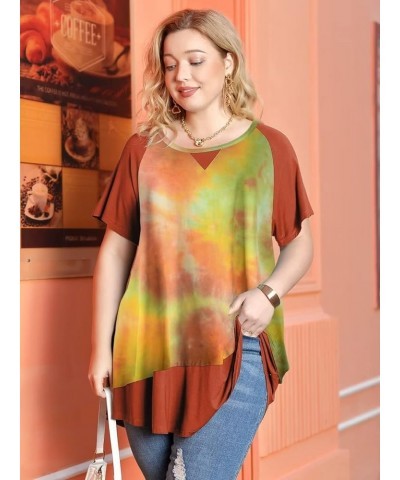 Plus Size Tops for Womens Summer Short Sleeve Tunic Shirts Crew Neck Leopard Color Block Tee T02-orange/Darkorange $14.24 Tops