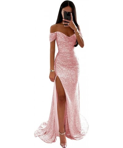 Women's Sequin Prom Dresses Long Ball Gown Mermaid Pleated Sparkly Evening Formal Gowns with Slit Blush Pink $32.99 Dresses