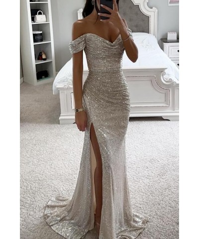 Women's Sequin Prom Dresses Long Ball Gown Mermaid Pleated Sparkly Evening Formal Gowns with Slit Blush Pink $32.99 Dresses