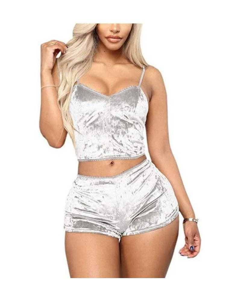 Women 2 Piece Sexy Velvet Strappy Babydoll Lingerie Satin Pajama Set Straps Camisole Top with Shorts Sleepwear Set White $6.2...