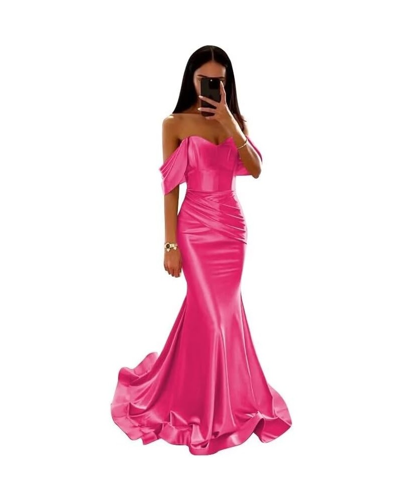 Satin Prom Dresses Long Off The Shoulder Mermaid Ball Gown Hot Pink $28.60 Dresses