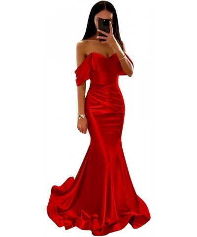 Satin Prom Dresses Long Off The Shoulder Mermaid Ball Gown Hot Pink $28.60 Dresses