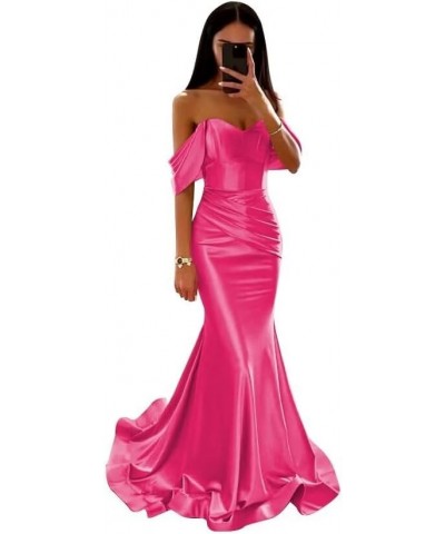 Satin Prom Dresses Long Off The Shoulder Mermaid Ball Gown Hot Pink $28.60 Dresses