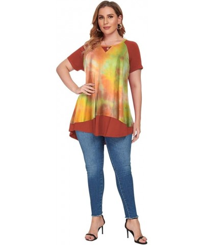 Plus Size Tops for Womens Summer Short Sleeve Tunic Shirts Crew Neck Leopard Color Block Tee T02-orange/Darkorange $14.24 Tops