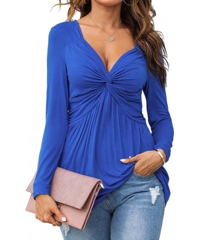 Women V-Neck Front Knotted Blouse Shirt Long Sleeve Elegant Casual T-Shirt Solid Color Pullover Tops B21-blue $20.99 Tops