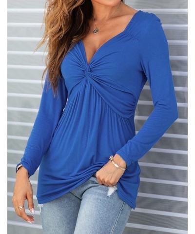 Women V-Neck Front Knotted Blouse Shirt Long Sleeve Elegant Casual T-Shirt Solid Color Pullover Tops B21-blue $20.99 Tops