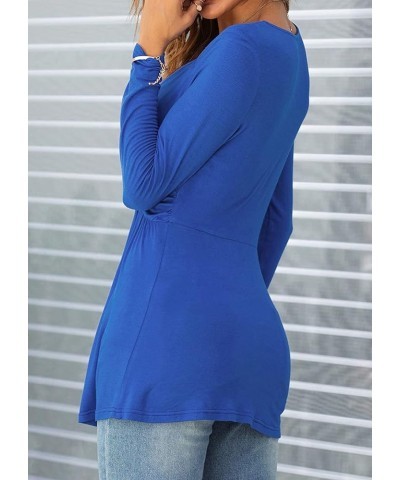 Women V-Neck Front Knotted Blouse Shirt Long Sleeve Elegant Casual T-Shirt Solid Color Pullover Tops B21-blue $20.99 Tops