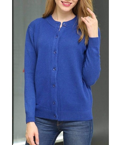 Women Thick Button Down Cardigan Sweaters Crew Neck Medium Weight Long Sleeve Royal Blue $14.08 Sweaters