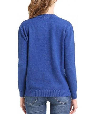 Women Thick Button Down Cardigan Sweaters Crew Neck Medium Weight Long Sleeve Royal Blue $14.08 Sweaters