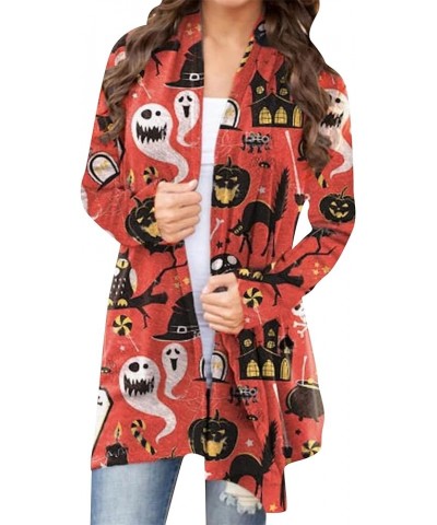 Womens Halloween Open Front Cardigan Oversized Pumkin Print Blouse Cute Spooky Pattern Cardigans Red House $10.50 Sweaters