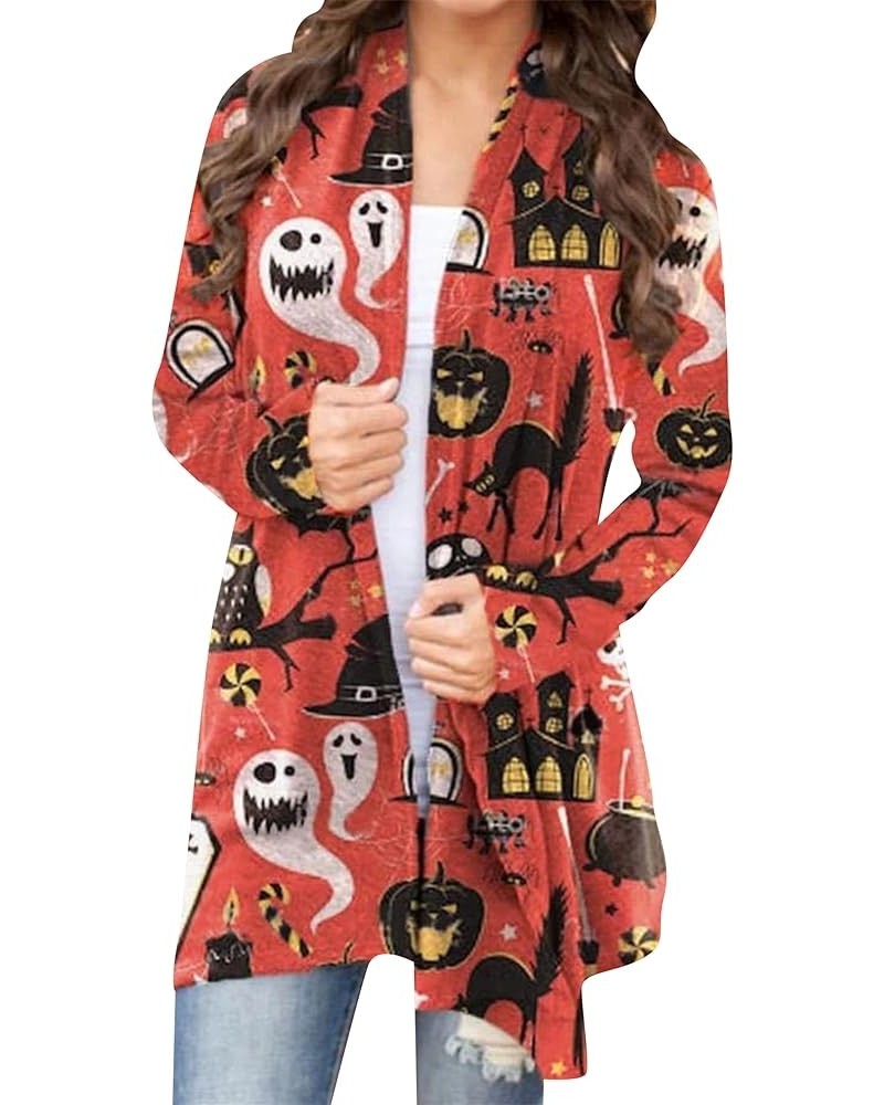 Womens Halloween Open Front Cardigan Oversized Pumkin Print Blouse Cute Spooky Pattern Cardigans Red House $10.50 Sweaters