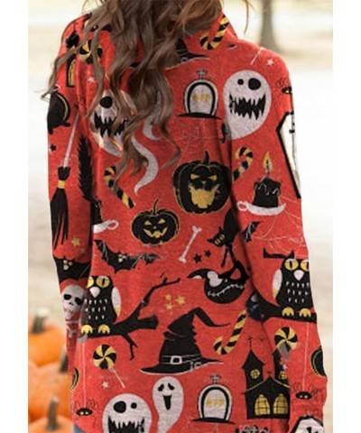 Womens Halloween Open Front Cardigan Oversized Pumkin Print Blouse Cute Spooky Pattern Cardigans Red House $10.50 Sweaters